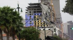 The partially collapsed Hard Rock Hotel building as seen from Rampart Street.