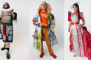 A triptych of three photos featuring models dressed in upcycled clothes.