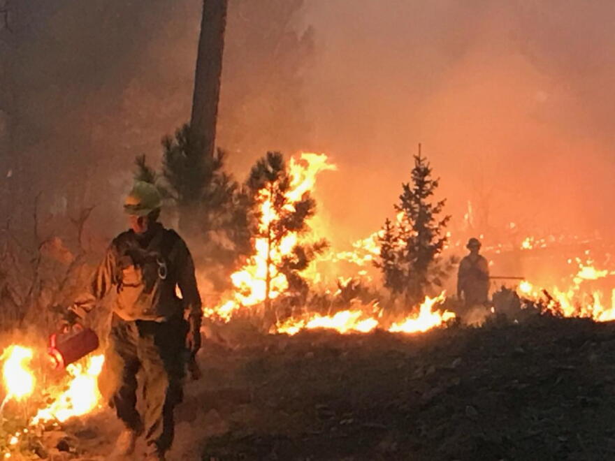Firefighters work the lines on the Garden Creek Fire during the night of August 8, 2018.