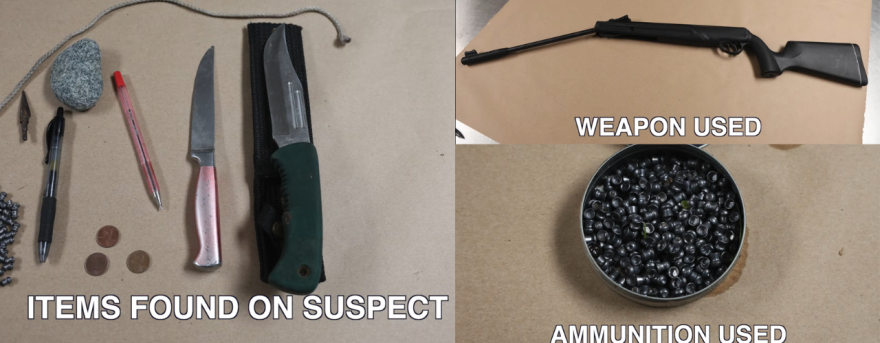 Fort Worth Police found several items when arresting Angel Cantu including a pellet rifle, ammunition and two knives.