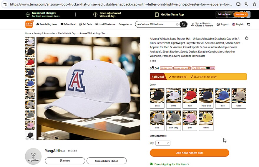 This image, furnished by the Arizona Attorney General's Office, is of a counterfeit University of Arizona hat being sold on the Temu website without permission of the owners of the trademark.