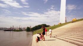 Floodwaters climb up the steps in front of the Gateway Arch during the Great Flood of 1993.