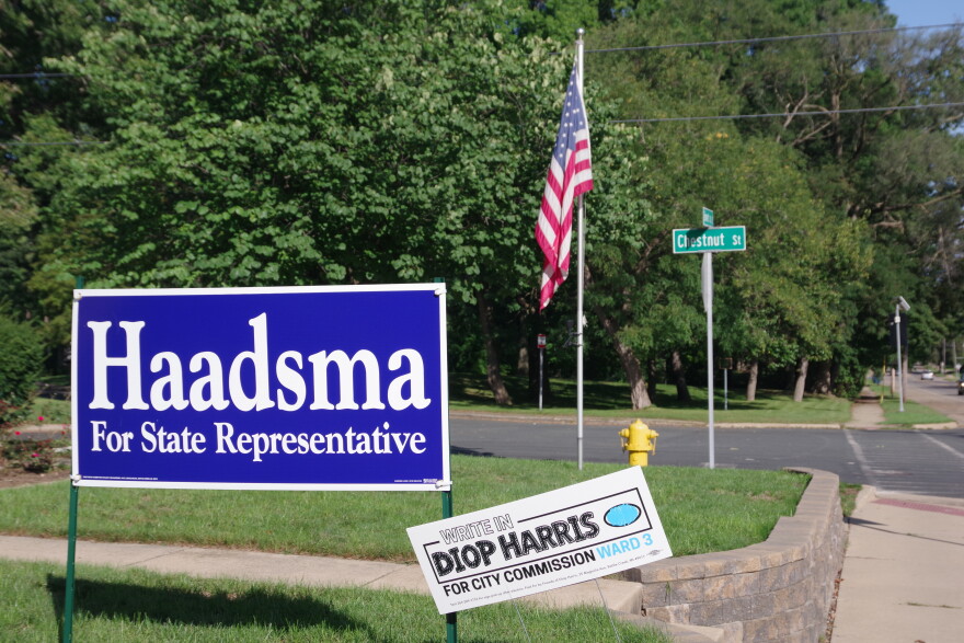 Signs for the Democratic candidate for Michigan's 44th house district, Jim Haadsma, and Battle Creek City Commission candidate Diop Harris stand on a green grass lawn next to a road. An American flag stands behind him, just in front of another road that leads to the lift side of the picture.