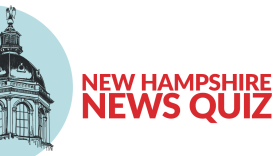 Illustration of the NH Capitol dome in front of a light blue circle, with the words New Hampshire News Quiz in red