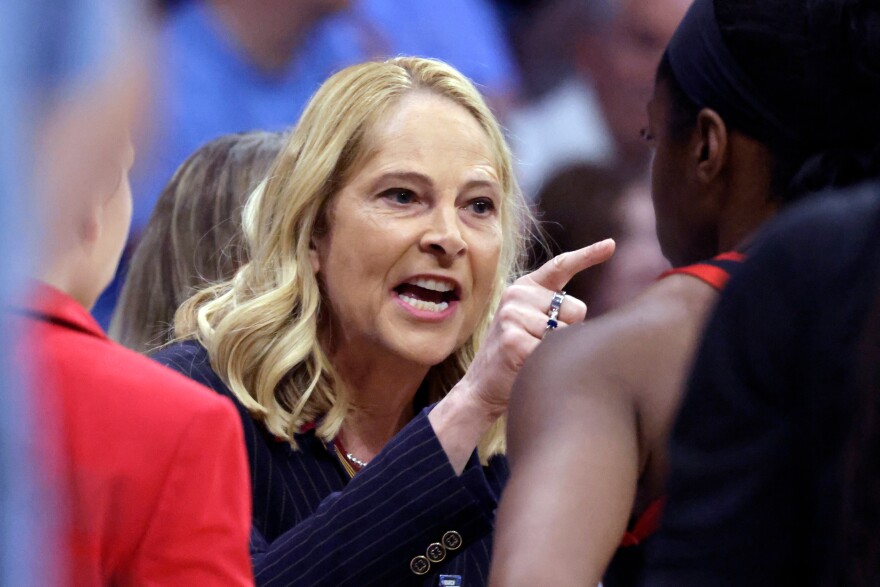 Maryland head coach Brenda Frese gives direction to a player during the first half against North Carolina in the second round of the NCAA college basketball tournament, Sunday, March 22, 2026, in Chapel Hill, N.C. (AP Photo/Chris Seward)