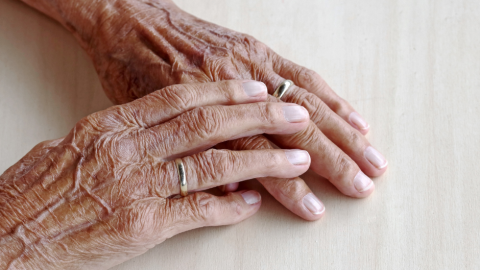 Two people hold hands.