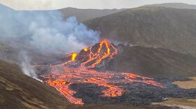 Lava flows Saturday from the Fagradalsfjall volcano on Iceland's Reykjanes Peninsula. The long-dormant volcano erupted Friday evening.