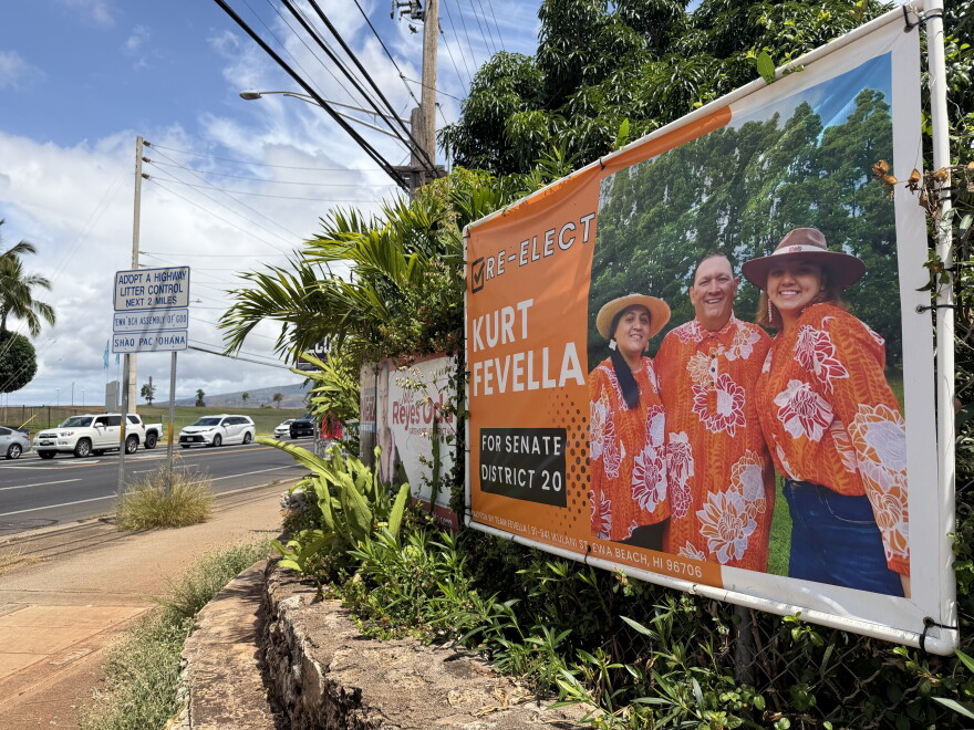 A 2026 primary election campaign sign for Kurt Fevella is displayed on a wall in ʻEwa Beach, Hawaiʻi on Tuesday, Aug. 4, 2026.