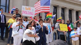 Rep. Arturo Alonso-Sandoval, D-Oklahoma City, gives a speech in opposition to HB 4156 during a protest by the Latino community against the measure April 23, 2024, on the north lawn of the Oklahoma State Capitol. Gov. Kevin Stitt signed the bill into law two weeks later and now the state faces a legal challenge from the federal government.