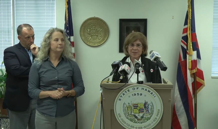 Gail McGovern, the president and CEO of the American Red Cross, speaks at a press conference on Maui on Oct. 18, 2023.