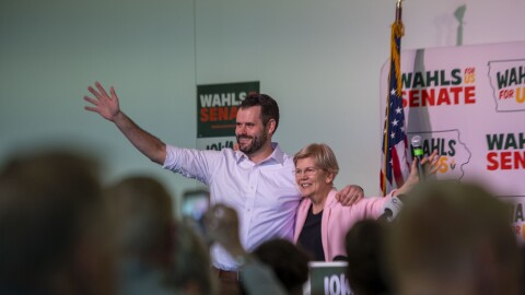 Democratic U.S. Senate candidate Zach Wahls at a campaign event in Des Moines with Sen. Elizabeth Warren in May 2026.