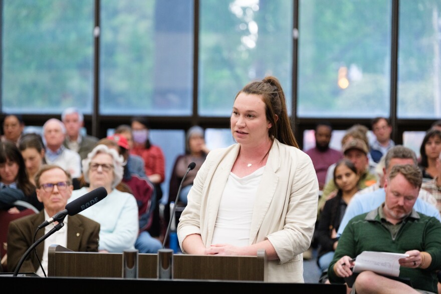 Southern Environmental Law Center staff attorney Hannah Nelson speaks at a public hearing on April 20, 2026 in Raleigh, North Carolina.