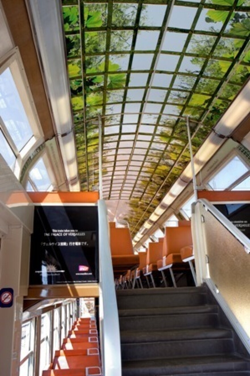 This car on the new Versailles commuter train is decorated to resemble the gardens on Marie-Antoinette's estate.