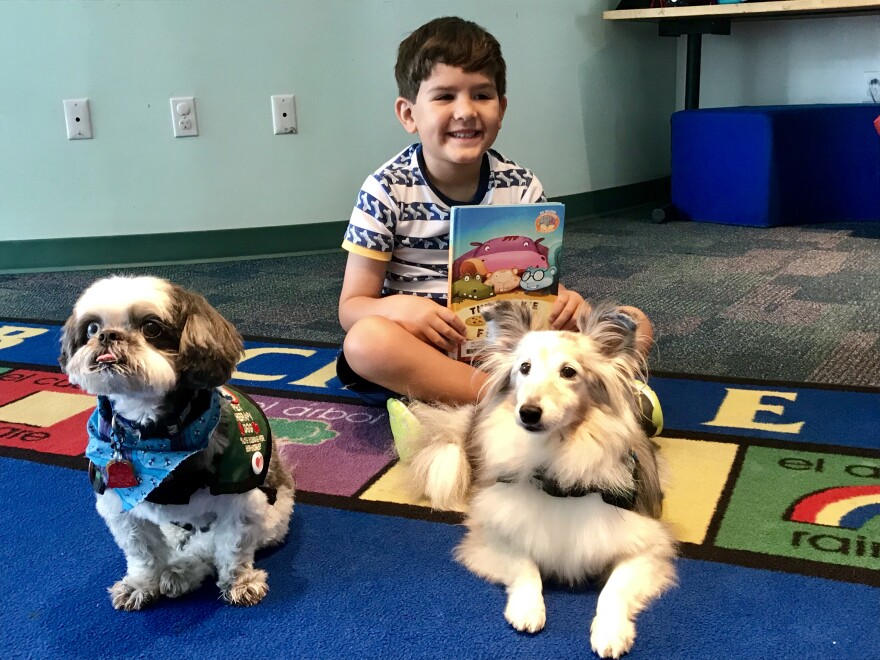 Logan Mcguire, 6, read to therapy dogs Zoe and Sydney on Saturday July 28.