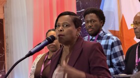 Syracuse Democrat Sharon Owens speaks to supporters Tuesday night after being elected mayor of Syracuse