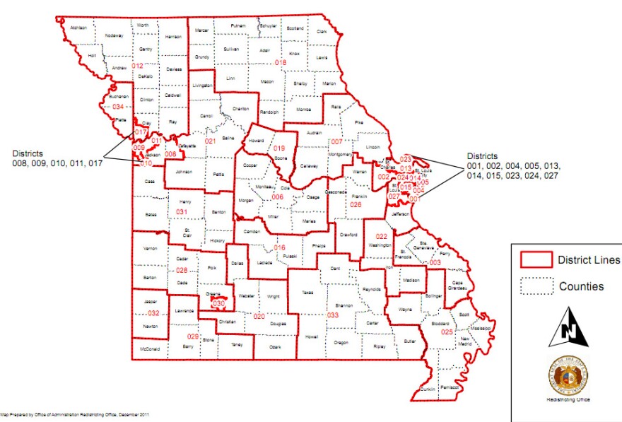 A copy of the State Senate map rejected last month by the Missouri Supreme Court. A citizens' commission appointed by Gov. Jay Nixon has reached a tentative agreement on a new map, a link to which is provided in the article below.