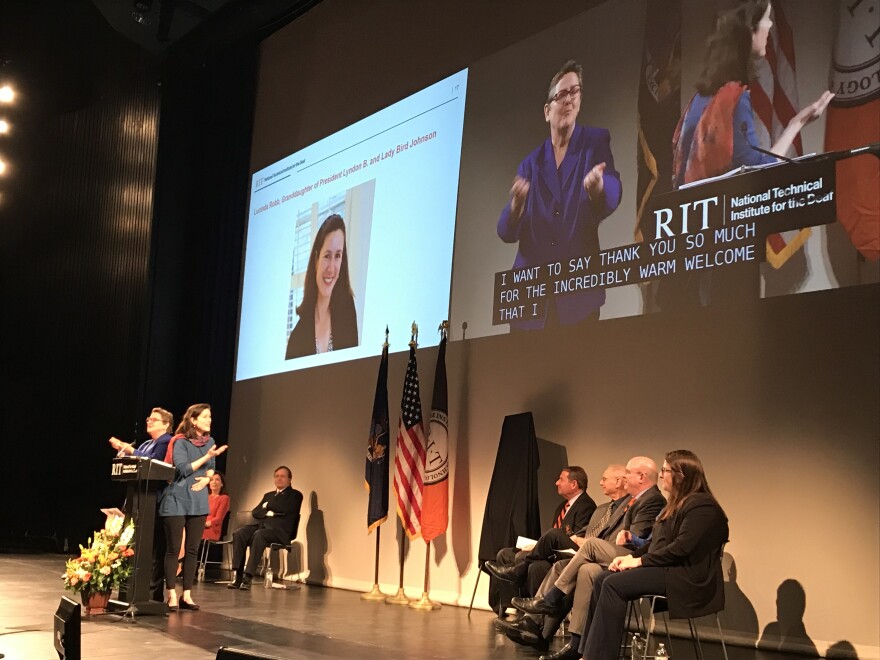 Lucinda Robb, granddaughter of Lady Bird and Lyndon B Johnson, addresses the crowd at RIT/NTID re dedication event