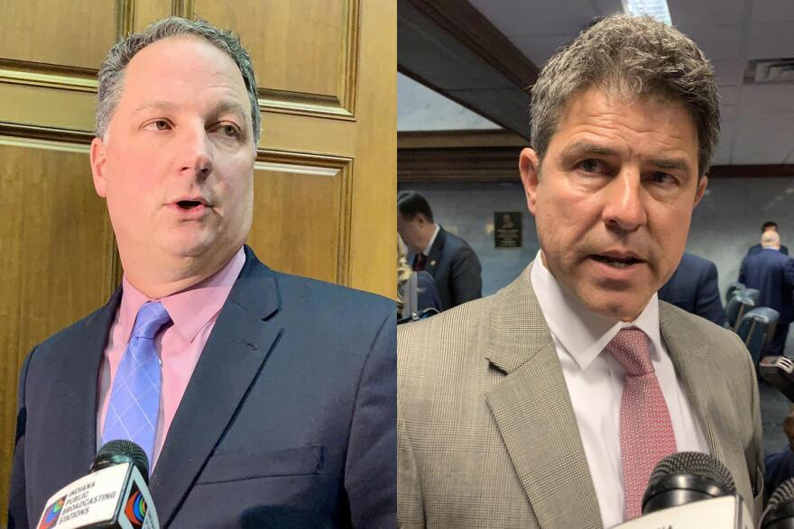 House Speaker Todd Huston (R-Fishers), left, and Senate President Pro Tem Rodric Bray (R-Martinsville), right, have not imposed any COVID-19 precautions for the legislature in 2022.