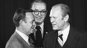 President Ford talks with North Carolina Congressman Jim Broyhill, left, and Sen. Jesse Helms, center, during a Republican fund raising visit to Raleigh in this Nov. 14, 1975 photo. Broyhill who served briefly in the Senate in the mid-1980s has died. The family of Jim Broyhill confirmed he died early Saturday, Feb. 18, 2023 in Winston-Salem at the age of 95.