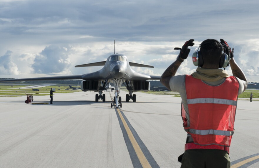 A U.S. Air Force B-1B Lancer arrives at Andersen Air Force Base, Guam on July 26, 2017.