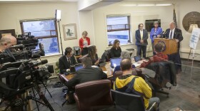 Alaska Gov. Bill Walker, Revenue Commissioner Randall Hoffbeck, and Budget Director Pat Pitney give a news conference in June 2016 in Juneau. (Photo by Rashah McChesney/KTOO)