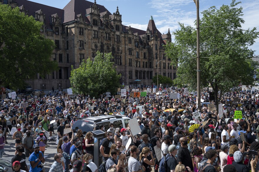 Thousands gathered Monday at the City Justic Center in St. Louis for a protest of the killing of George Floyd.