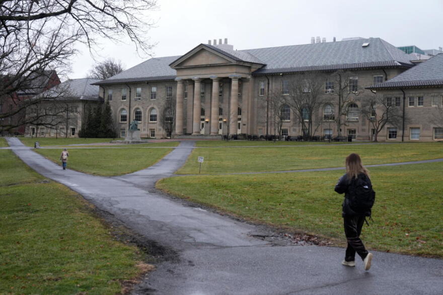 People walk on the campus of Cornell University in Ithaca, New York, Friday, Feb. 2, 2024. (Seth Wenig/AP)