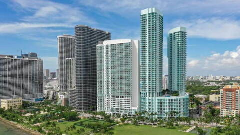 A cluster of condo and apartment towers overlooking Miami’s bayfront Margaret Pace Park in Edgewater.