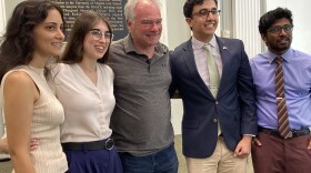 Senator Tim Kaine poses with students who came to hear him speak in Charlottesville.