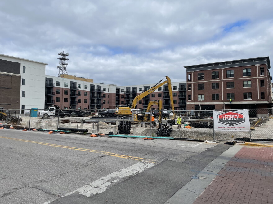 Crews work on a green space at Main and 4th streets in Downtown Evansville, Sept. 24, 2026
