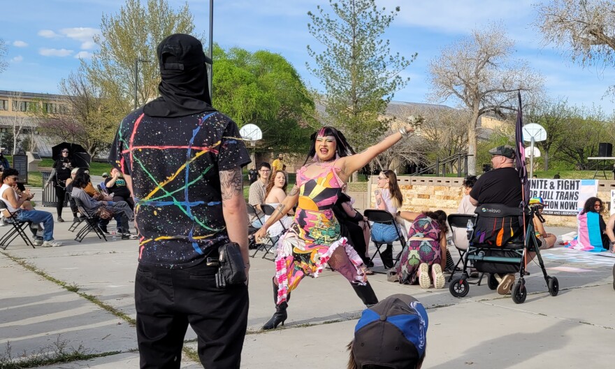 Kayla Chingada dances during their drag perfomance in front of the audience in the Tiguex Amphitheater
