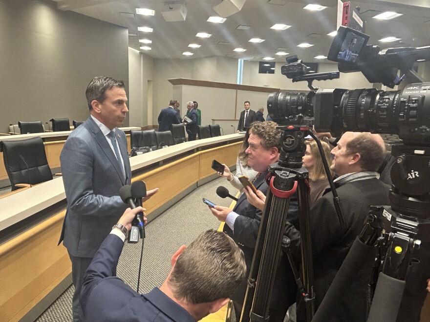 Republican Rep. Toby Overdorf of Palm City, chair of the House Select Committee on Property Taxes, takes questions from the press after Thursday's meeting.