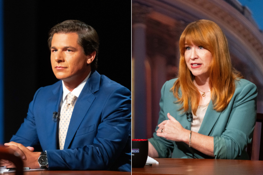 Left, Joe Mitchell sitting at table on Iowa PBS set. Right, Lindsay James sitting at a table on Iowa PBS set. 