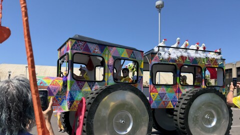 The Philomath team from Maxtivity Creative Space races their large bus-like vehicle called The Glory.