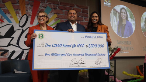 State Senators Sabrina Cervantes and Eloise Gómez Reyes present CIELO Fund founder Jesse Melgar with a $1.5 million check to support new initiatives focused on research, civic engagement and media coverage of the Inland Empire’s Latino communities during the CIELO Grants and Scholarships Brunch in Riverside on Saturday, October 3, 2026. .