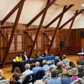 Candidates for the 103rd Michigan House seat and the 37th District state Senate seat speak at the 2026 Cherry Pie Debates in Glen Arbor on Monday, Oct. 5. (Photo courtesy of David Dodman)