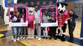 South Bend Riley High School students and staff on Thursday celebrate the school's selection as a finalist in T-Mobile's Friday Night 5G Lights contest for a $1 million football stadium upgrade.
