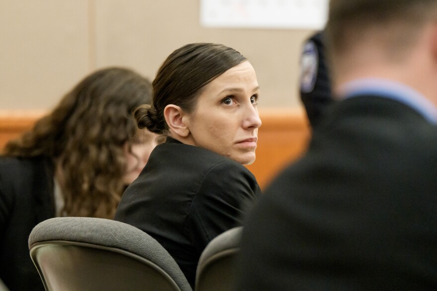 Kouri Richins, a Utah mother accused of fatally poisoning her husband, looks on during her murder trial at the Summit County Justice Center in Park City, Utah, Monday, Feb. 23, 2026.