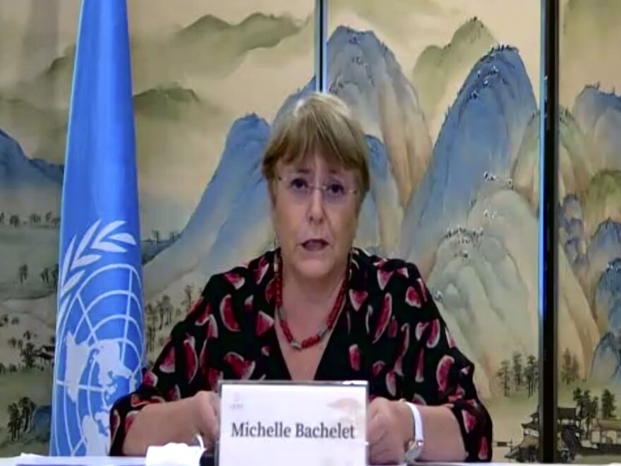 In this image made from online video, United Nations High Commissioner for Human Rights Michelle Bachelet speaks during an online press conference in Guangzhou in southern China's Guangdong Province, Saturday, May 28, 2022.