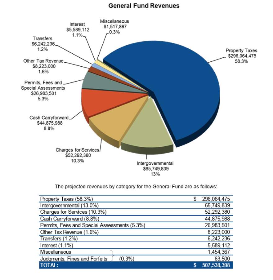 Pie chart shows general fund revenues