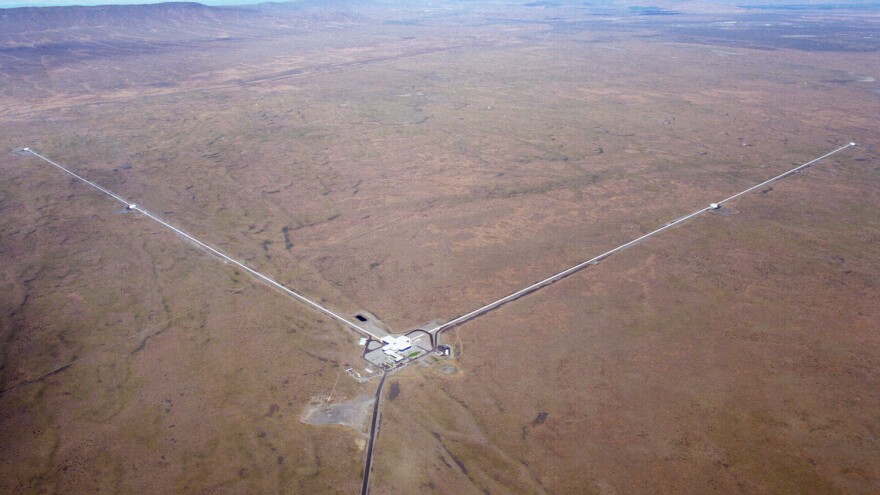 Each LIGO detector has two arms. Space-time ripples will stretch one of the arms and squish the other. Lasers can measure the change.