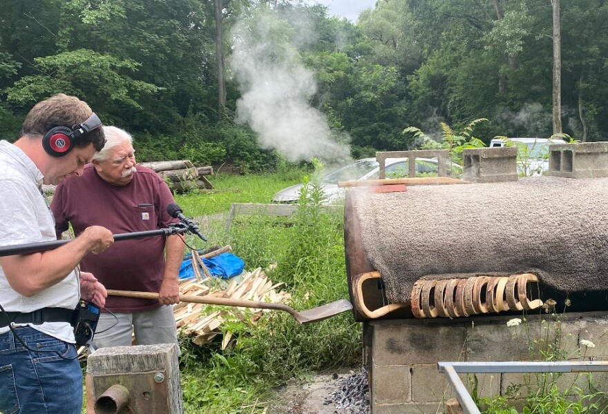 Onondaga Alfred Jacques cures wood for use as lacrosse sticks in a culturally important tradition, seen here with producer Brett Barry