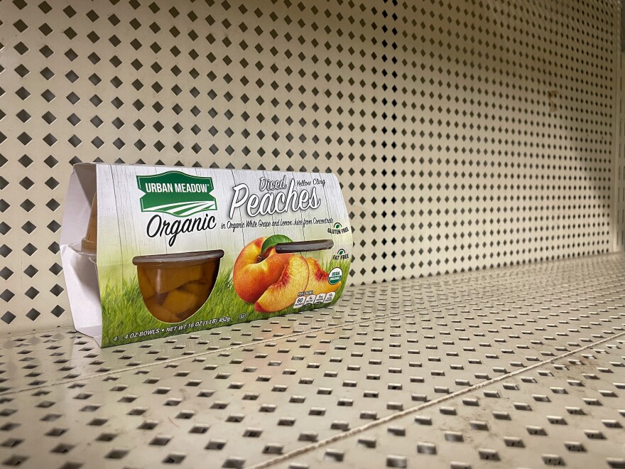 Halfway through service at the West Noble Food Pantry, the supply of fruit has dwindled down to just one pack of diced peaches. Pfenning says the only fruit she's received from the last TEFAP shipment were figs.