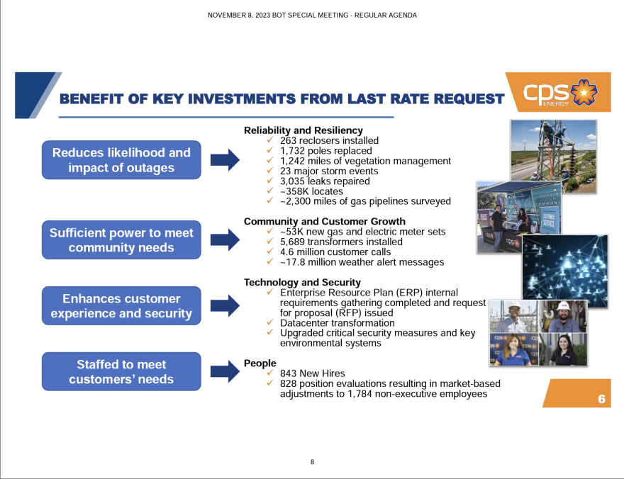 A slide from CPS Energy's presentation to city council about how they spent the funds from the last rate hike. Top line information was that it reduced the likelihood and impact of outages, it led to the sufficient power to meet community needs, it enhanced customer experience and security, and staffed CPS Energy to meet customers' needs.