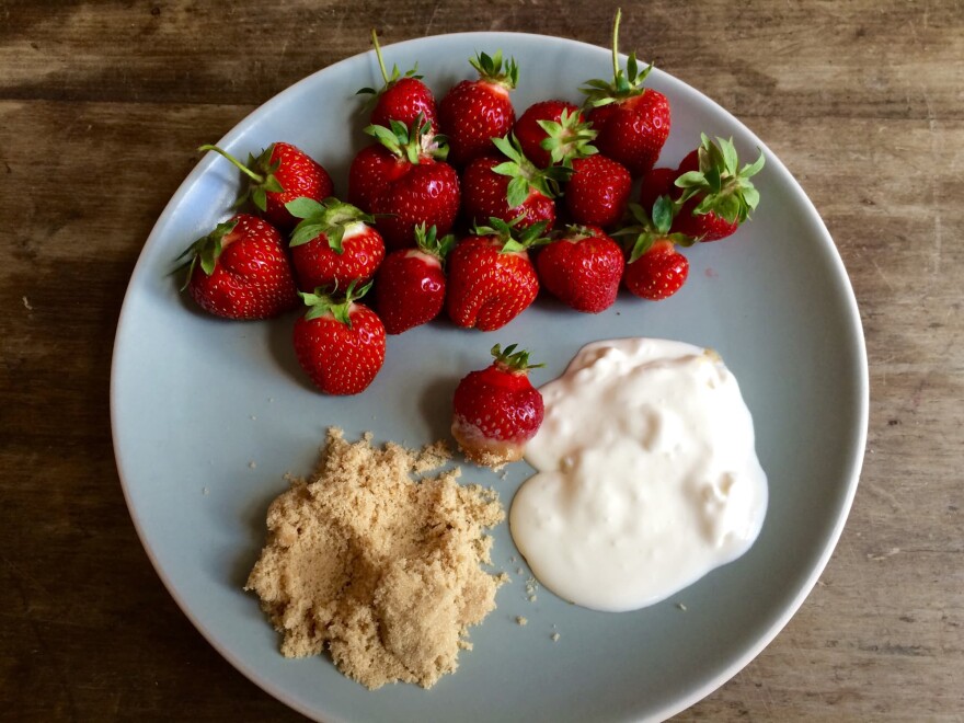 Chef James Haller of Portsmouth, New Hampshire restaurant The Blue Strawbery only served one dessert for all the years that the restaurant existed: ripe strawberries with brown sugar and thick sour cream. (Kathy Gunst for Here & Now)
