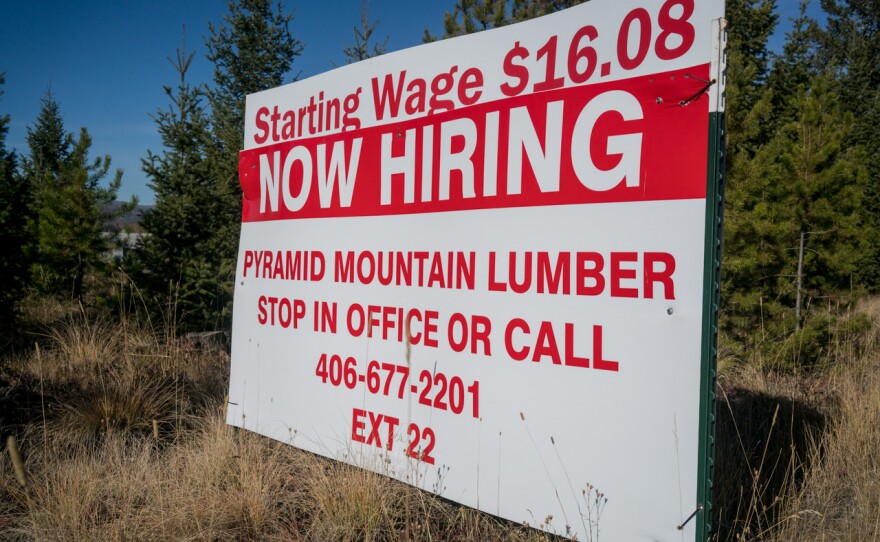 A sign advertising employment at Pyramid Mountain Lumber Company, October 23, 2018.