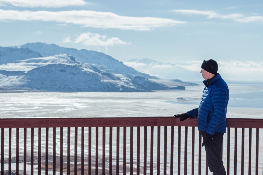  Kevin Perry in front of a lookout point at the Great Salt Lake. 