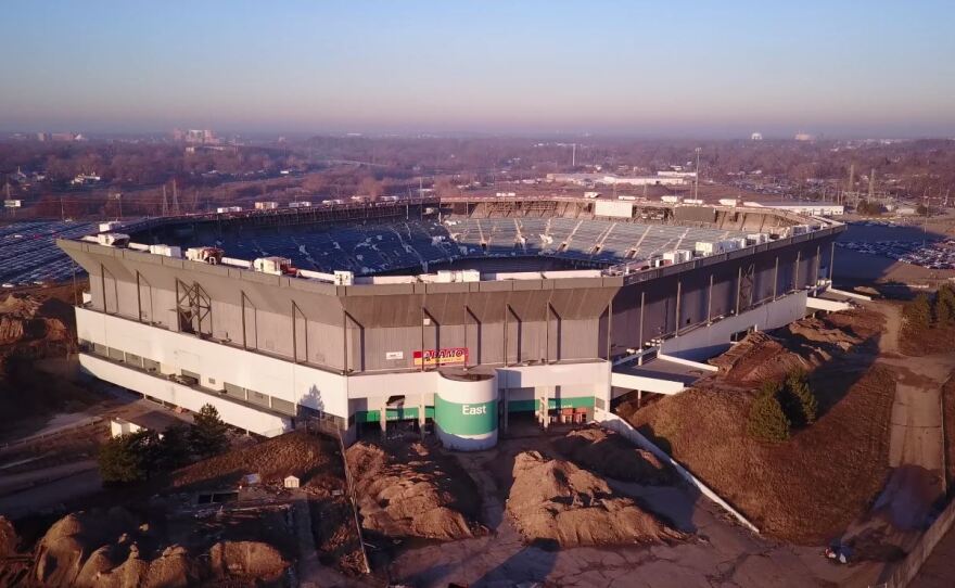 What's left of the the Pontiac Silverdome just before Sunday's implosion attempt.