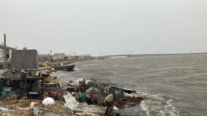 High water pushes against the shoreline on Kivalina’s lagoon side. In the background is the bridge on the road residents use to evacuate to the village school, about 7 miles inland.