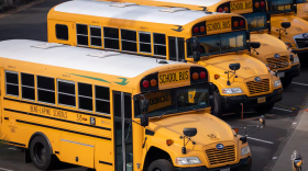 School buses are parked at Bend-La Pine Schools Transportation facility.